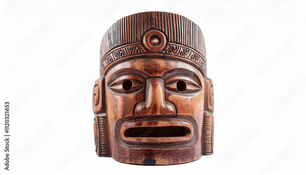 Wooden Mayan mask isolated on white backdrop. Carved Mexican tribal item. Wooden Mayan mask isolated on white backdrop. Carved Mexican tribal item.