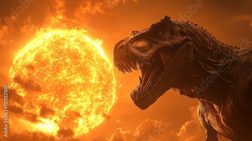 Roaring Tyrannosaurus Rex against fiery sunset.