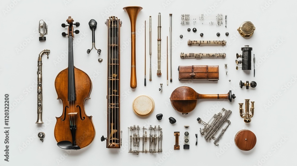 Fototapeta premium Disassembled musical instruments, parts, sheet music.