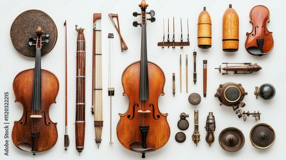 Fototapeta premium Stringed instruments, tools, and miscellaneous objects arranged.