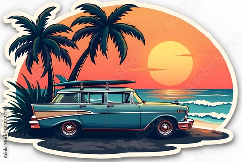 Vintage Station Wagon at Sunset Beach with Surfboards