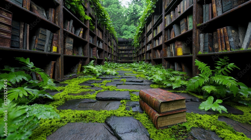 Mysterious enchanted library forest setting digital art lush environment ground level perspective fantasy concept Mysterious enchanted library forest setting digital art lush environment ground level perspective fantasy concept