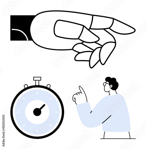 Hand in pinch gesture stopwatch ticking man pointing upward. Ideal for productivity, control, precision, time management, ideas, motivation, strategy. Line metaphor