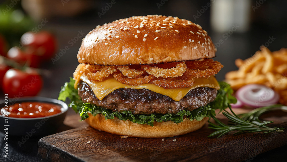 A large hamburger with onions and cheese on top. The bun is brown and the burger patty is red. A side of fries is also present A large hamburger with onions and cheese on top. The bun is brown and the burger patty is red. A side of fries is also present