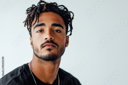 Confident Young Man with Dreadlocks Posing Against a Minimalist Background