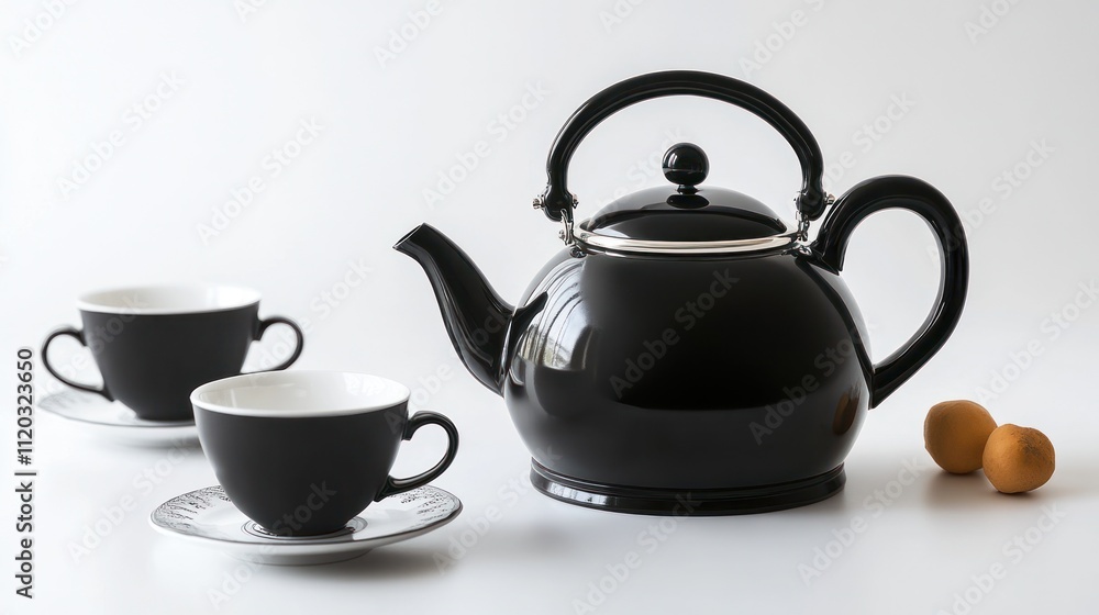 Black enamel kettle with two teacups and fruit on white background. Black enamel kettle with two teacups and fruit on white background.