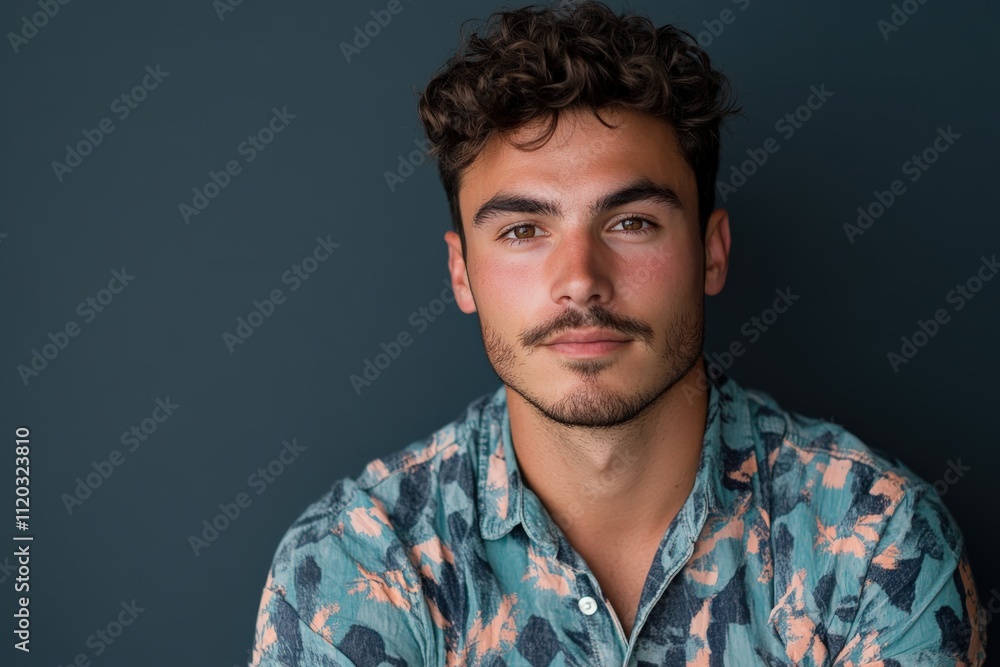 Confident Young Man with Curly Hair in a Colorful Shirt Against a Dark Background Confident Young Man with Curly Hair in a Colorful Shirt Against a Dark Background