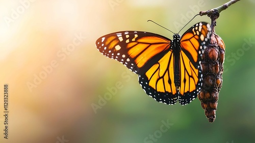 Metamorphosis: A vibrant monarch butterfly emerges from its chrysalis, bathed in warm sunlight, symbolizing transformation, growth, and the beauty of nature's cycle.