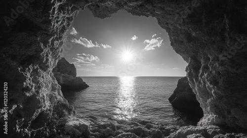 Sunlit ocean view framed by dark cave opening.