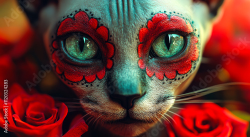 A cat with red and blue face paint and green eyes is sitting in front of a bouquet of red roses