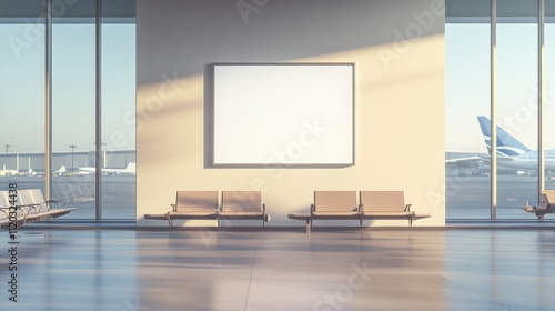 Blank billboard in airport waiting area with seats and runway view.