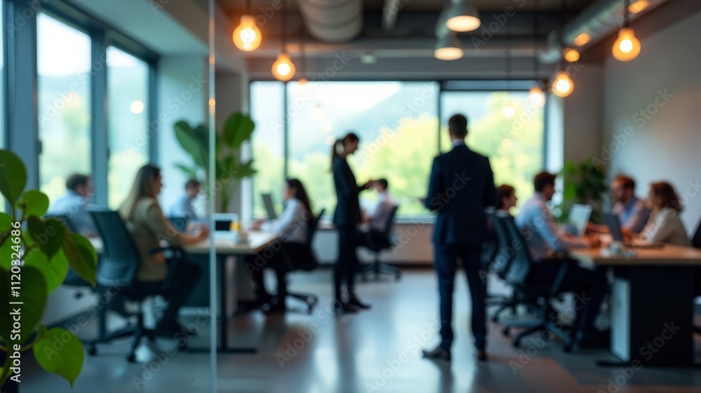 Blurred Modern Office Space with Professionals Collaborating in a Bright, Open Environment Blurred Modern Office Space with Professionals Collaborating in a Bright, Open Environment