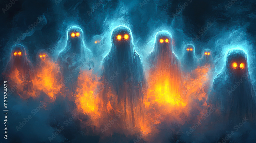 A group of ghostly figures are surrounded by orange flames. The scene is eerie and unsettling, with the ghosts appearing to be watching the flames A group of ghostly figures are surrounded by orange flames. The scene is eerie and unsettling, with the ghosts appearing to be watching the flames