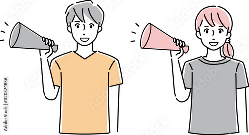 メガホンで応援する男女のイラスト素材