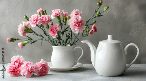 Wallpaper Mural pink carnation flowers in cup and white kettle isolated on grey Torontodigital.ca