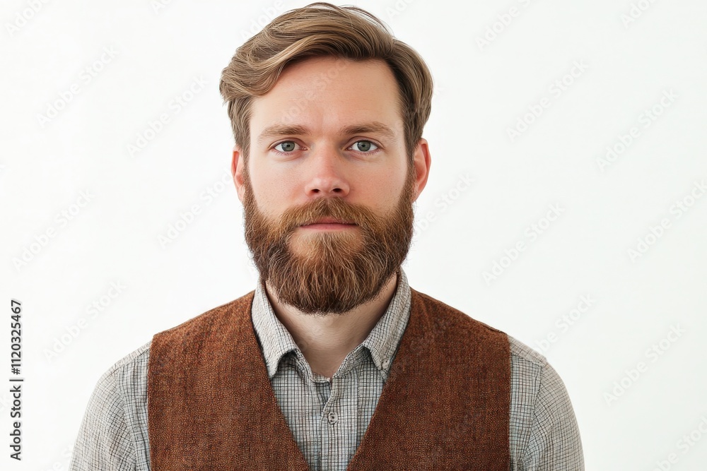 Confident Young Man with Beard in Casual Attire Against a Minimalist Background Confident Young Man with Beard in Casual Attire Against a Minimalist Background