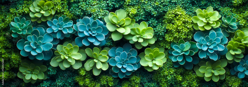 A green and blue plant with many small plants in between. The plants are in a row A green and blue plant with many small plants in between. The plants are in a row