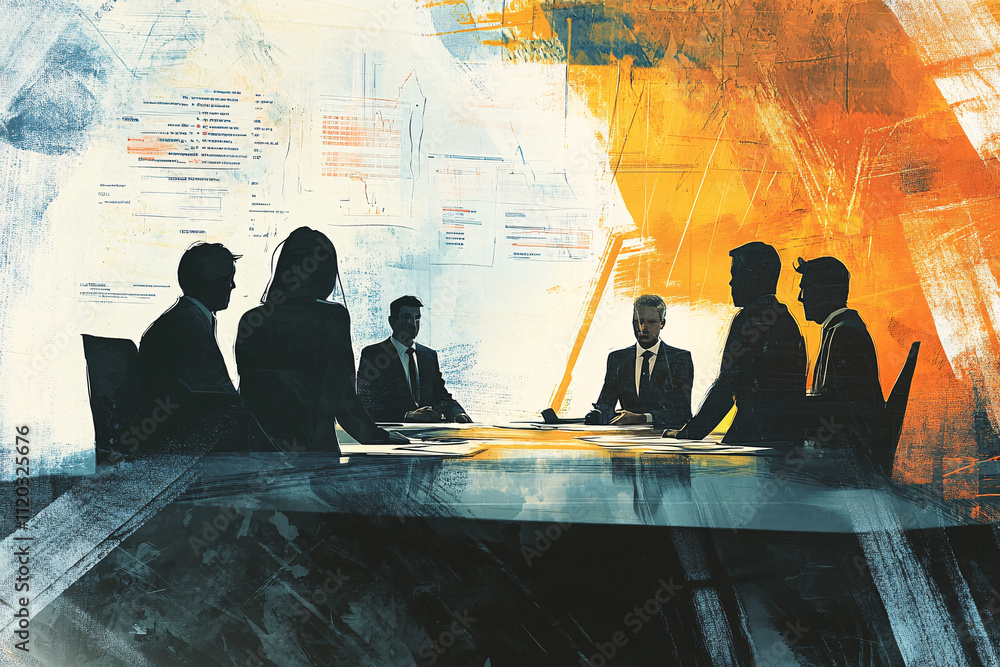 artistic abstract scene of a business meeting with silhouetted figures seated around a table against a blue and orange modern backdrop
artistic abstract scene of a business meeting with silhouetted figures seated around a table against a blue and orange modern backdrop