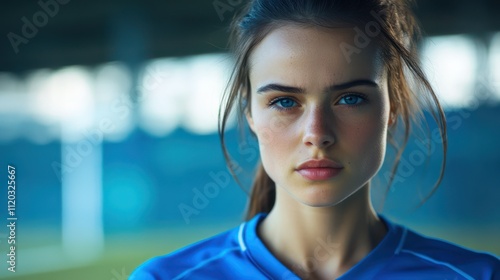Close up of Young woman wearing blue sports shirt looking at camera. Ai generated image