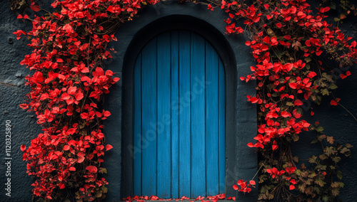 A blue door with red flowers growing out of it. The flowers are bright red and the door is a deep blue color. The flowers are covering the entire door, creating a beautiful and unique look