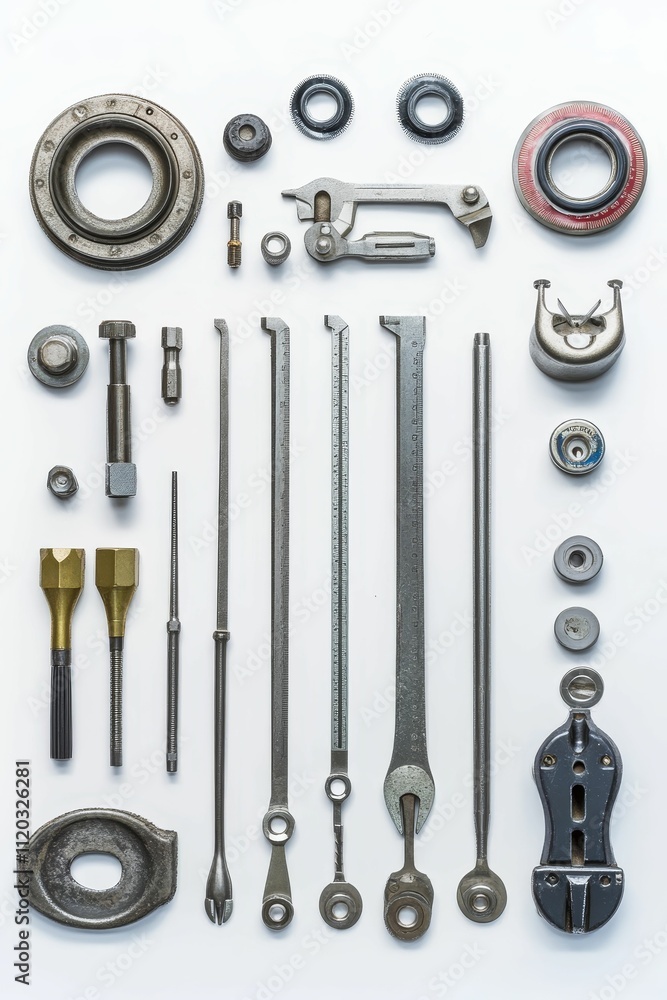 Assorted metal tools and parts arranged neatly. Assorted metal tools and parts arranged neatly.