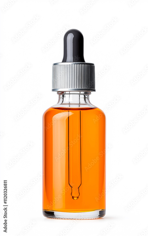 A bottle of liquid with a silver cap and a silver stem. The bottle is filled with a clear liquid A bottle of liquid with a silver cap and a silver stem. The bottle is filled with a clear liquid
