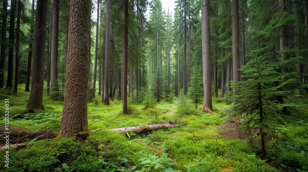 Obraz premium Forest landscape with tall trees and lush greenery during a calm and serene day in nature