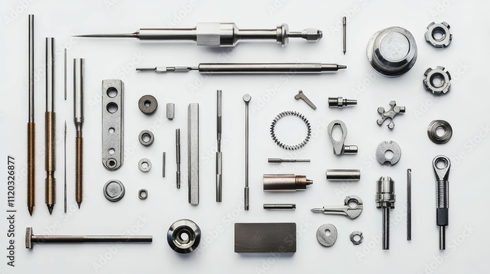 Precision metal parts arranged neatly on white. Precision metal parts arranged neatly on white.