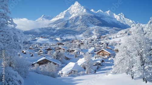 Snowy alpine village nestled beneath majestic mountains.