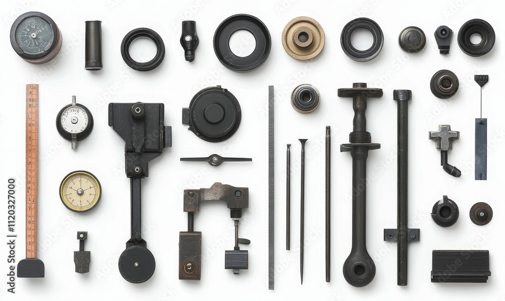 Antique tools arranged on white background. Antique tools arranged on white background.