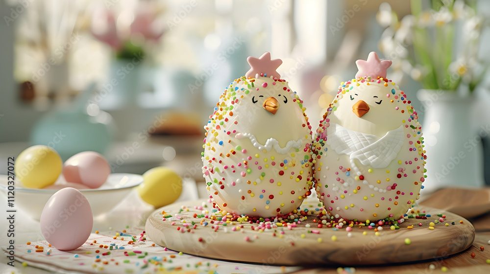 painted chicken eggs and easter cake decorated with sprinkles and frosting on wooden surface painted chicken eggs and easter cake decorated with sprinkles and frosting on wooden surface