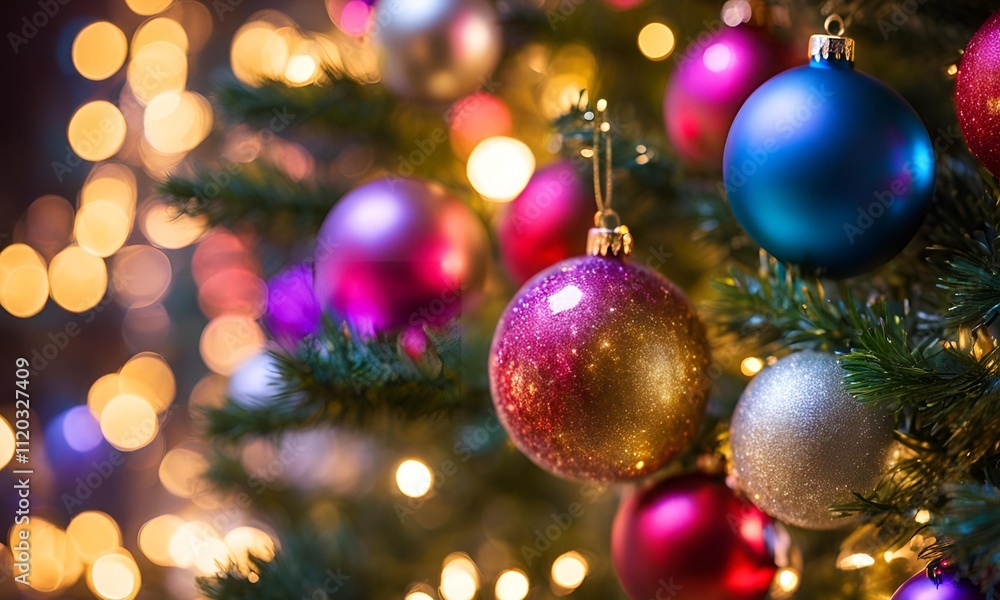 Christmas Tree With Baubles And Blurred Shiny Lights Christmas Tree With Baubles And Blurred Shiny Lights
