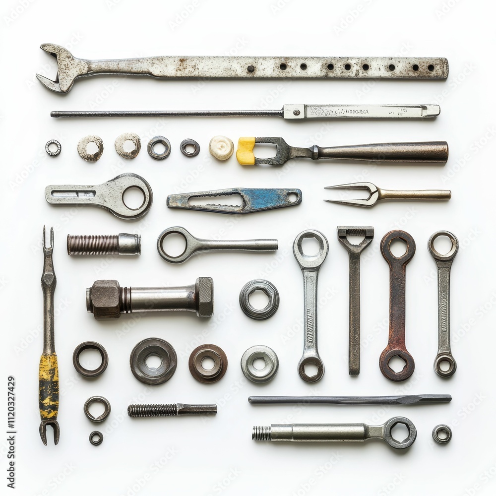 Assorted rusty tools and metal parts arranged neatly. Assorted rusty tools and metal parts arranged neatly.