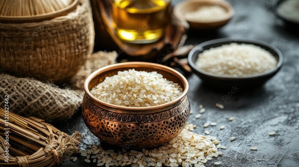 Rice bran oil in a small copper bowl with rice grains and traditional Asian decorative props. Rice bran oil in a small copper bowl with rice grains and traditional Asian decorative props.
