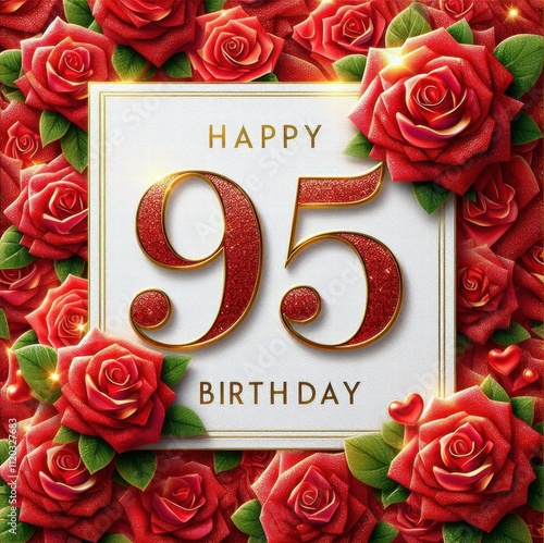 Elegant 95th birthday card framed with lush red roses and golden text celebrating the milestone. photo