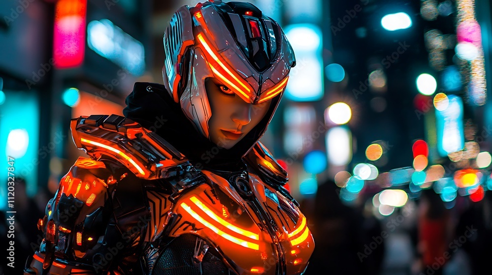 A woman in a costume with a glowing helmet stands in front of a city street