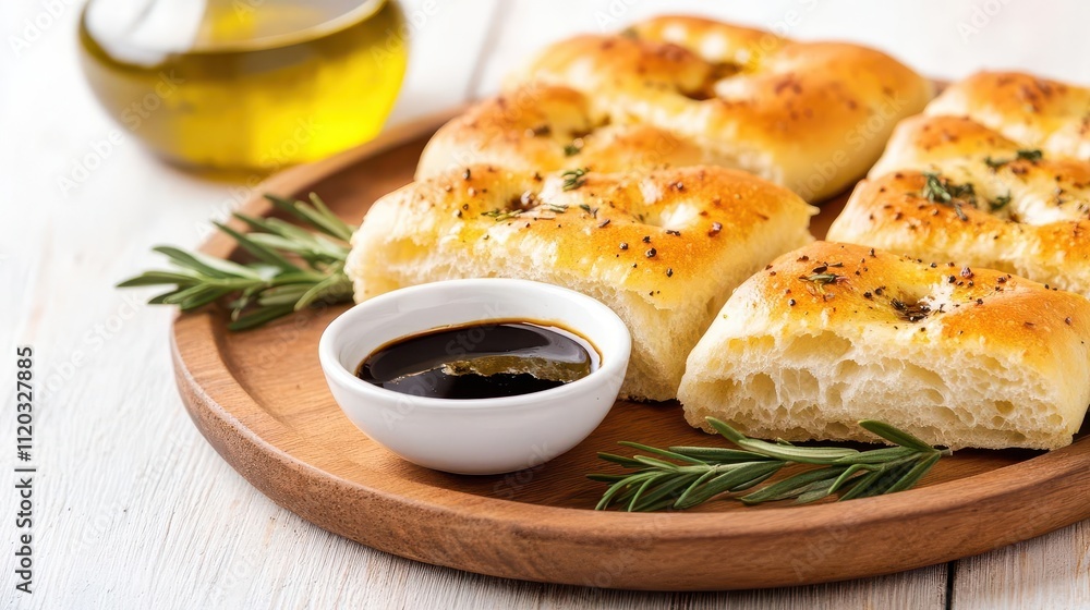 Focaccia slices served with olive oil and balsamic for dipping, rustic presentation on a wooden plate Focaccia slices served with olive oil and balsamic for dipping, rustic presentation on a wooden plate