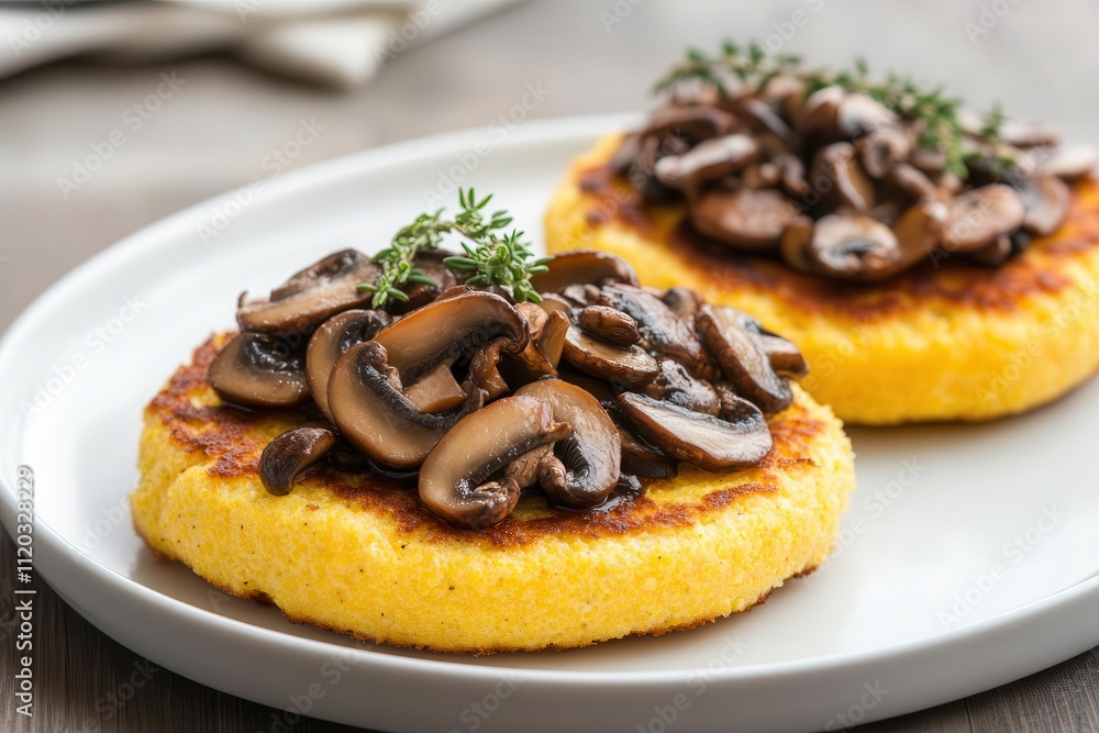 Polenta cakes topped with sauteed wild mushrooms and fresh thyme, rustic and gourmet Polenta cakes topped with sauteed wild mushrooms and fresh thyme, rustic and gourmet