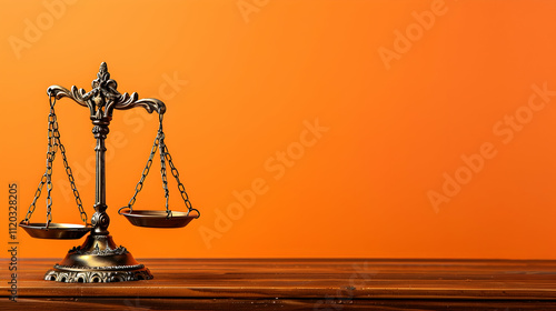 bronze statuette with scales of justice on wooden table on orange background photo