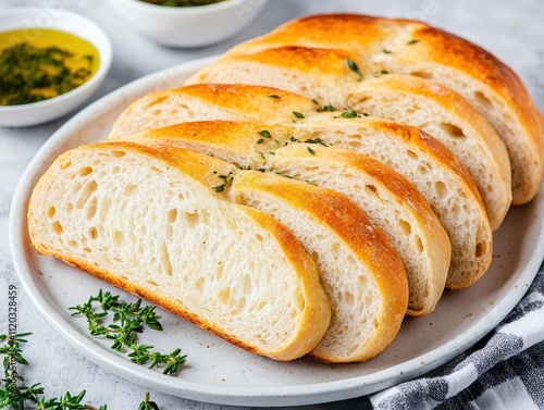 Rustic ciabatta loaf sliced and served with olive oil infused with herbs, simple and elegant photo