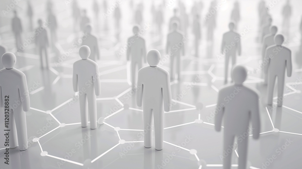 Representación abstracta de red social con figuras humanas blancas, networking Representación abstracta de red social con figuras humanas blancas, networking