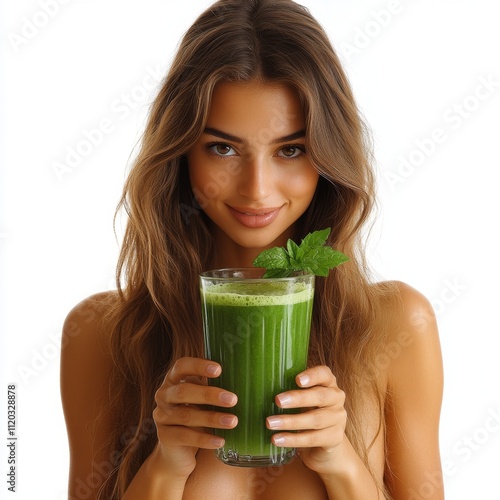 Chica, modelo mostrando batido verde de frutos, concepto de alimentación y nutrición saludable photo