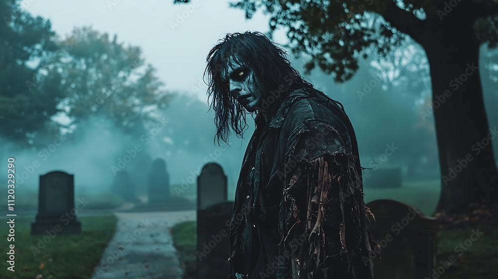 Fototapeta premium A man in a black coat stands in front of a cemetery