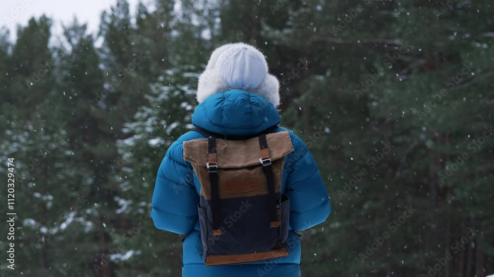 Woman hiker in winter attire enjoys the snowfall in a serene, snowy forest. Smiling and looking up at the sky, she embraces the beauty of nature and the tranquility of the moment Woman hiker in winter attire enjoys the snowfall in a serene, snowy forest. Smiling and looking up at the sky, she embraces the beauty of nature and the tranquility of the moment