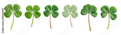 PNG A series of five clover leaves arranged in a row, showcasing varying sizes and shapes, all featuring lush green foliage. photo