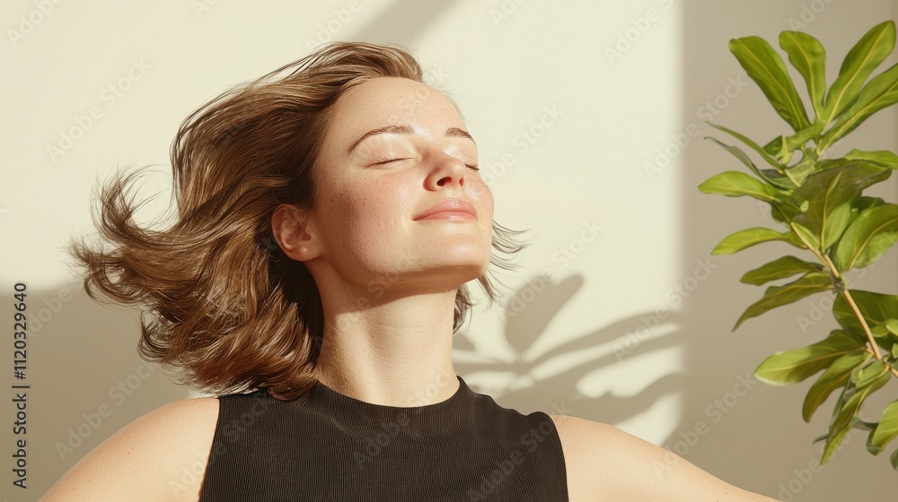 A woman dances freely celebrating self-embrace indoor space lifestyle natural light empowerment concept A woman dances freely celebrating self-embrace indoor space lifestyle natural light empowerment concept