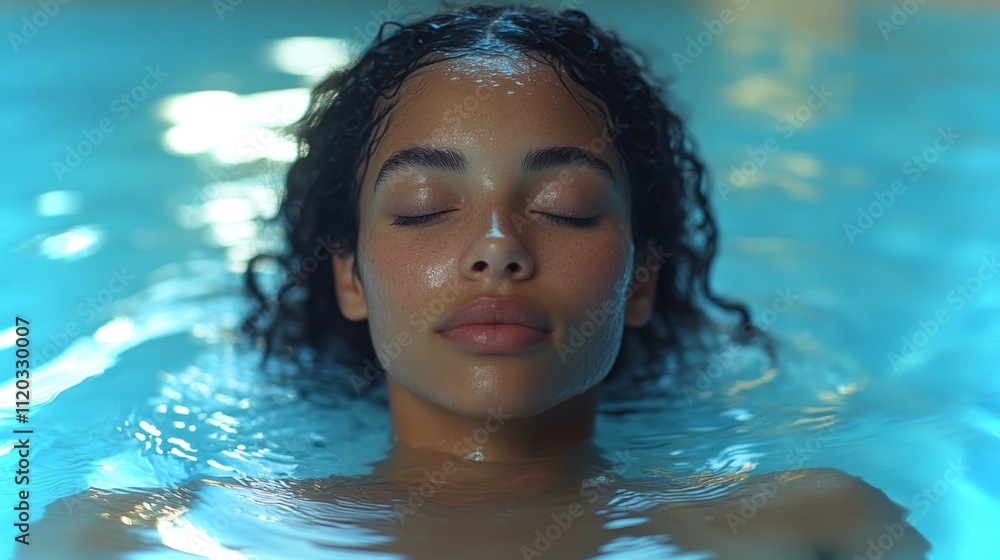 A young woman with curly hair floats in a calm pool with her eyes closed, embracing tranquility and relaxation under soft lighting, as gentle ripples surround her. A young woman with curly hair floats in a calm pool with her eyes closed, embracing tranquility and relaxation under soft lighting, as gentle ripples surround her.