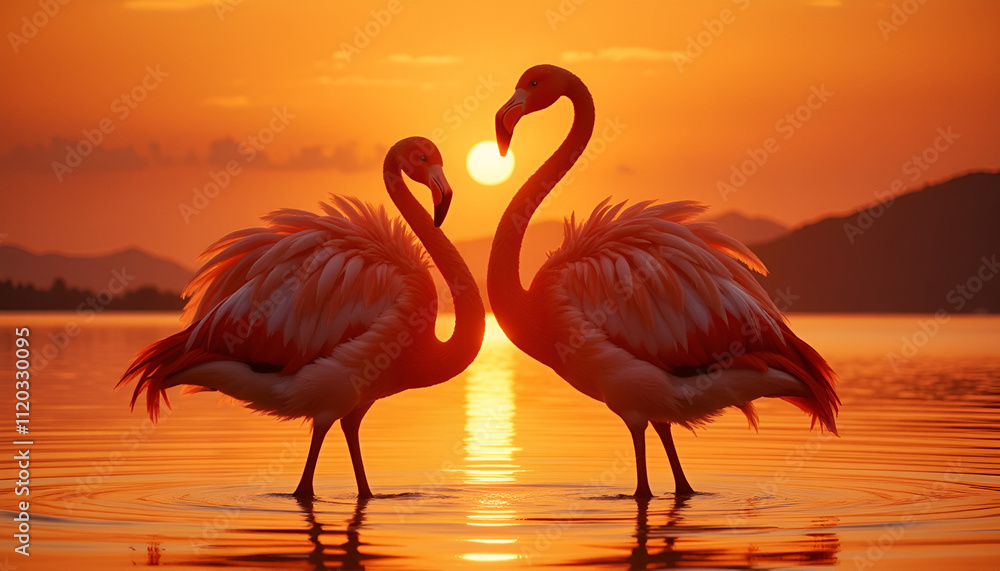 Fototapeta premium Beautiful flamingos standing gracefully together at sunset with a glowing horizon