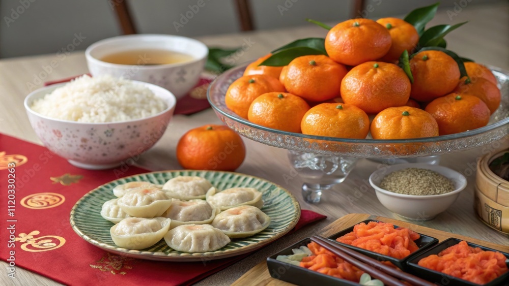 A traditional table setting for a New Years feast includes a glass platter overflowing with mandarin oranges strategically p beside dishes of dumplings and sticky rice. The oranges A traditional table setting for a New Years feast includes a glass platter overflowing with mandarin oranges strategically p beside dishes of dumplings and sticky rice. The oranges