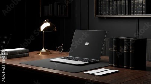 Dark modern office desk with laptop, books, and lamp.